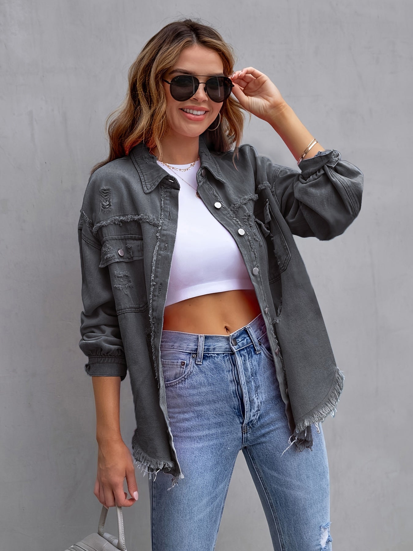 Vintage Oversized Frayed Denim Shirt for Women - Streetwear Button Down Jacket