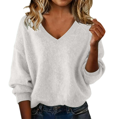 Women's V Solid Color Long Sleeve Knit Patchwork Relaxed-Fit Sweater