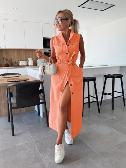 Vintage Solid Pink Denim Shirt Dress for Women - Elegant Turn-Down Collar Vest Dress
