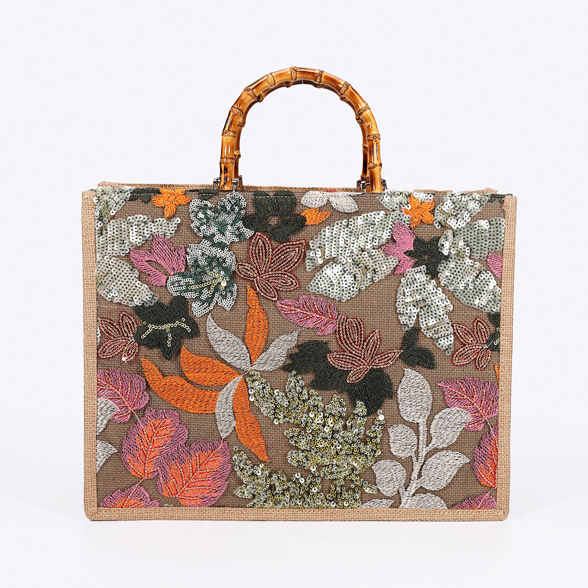 Luxury Bamboo Handle Sequin Floral Tote Bag - Large Capacity Straw & Jute Embroidered Travel Handbag
