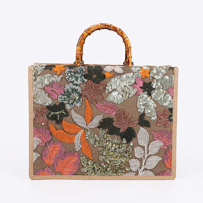 Luxury Bamboo Handle Sequin Floral Tote Bag - Large Capacity Straw & Jute Embroidered Travel Handbag