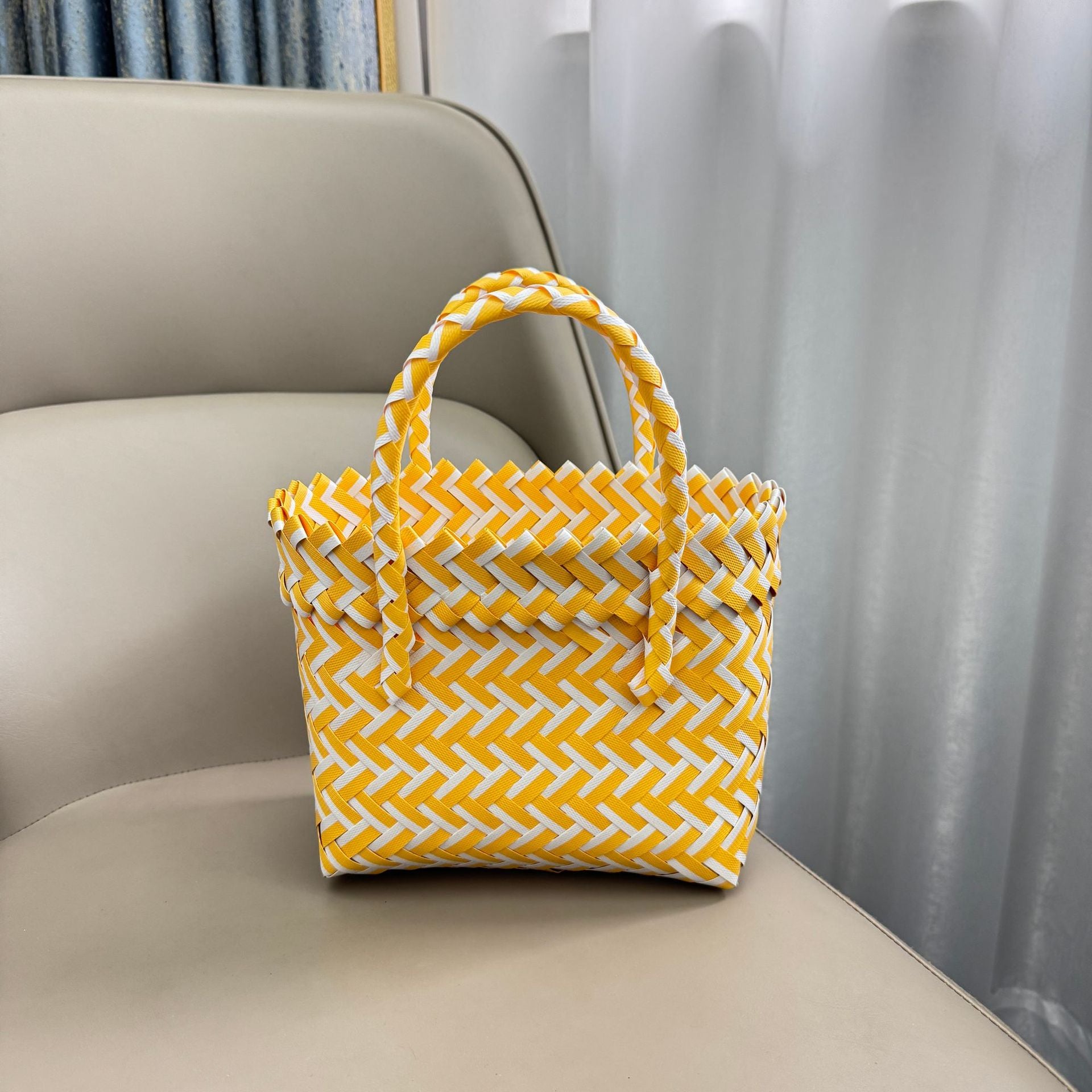 Bohemian Handwoven Upcycled Plastic Tote Bag - Retro Vibrant Striped Beach Basket & Gift Hamper Purse