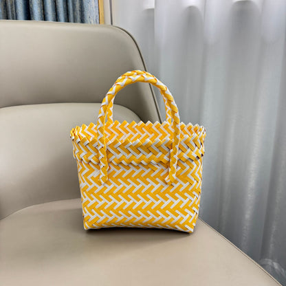 Bohemian Handwoven Upcycled Plastic Tote Bag - Retro Vibrant Striped Beach Basket & Gift Hamper Purse