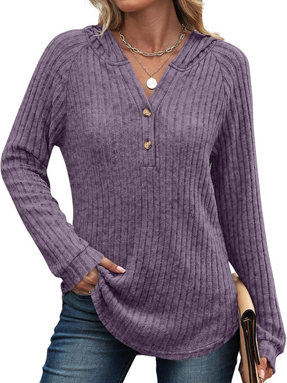Women's Loose Fit Soft Knit Hooded Sweatshirt with Henley Buttons