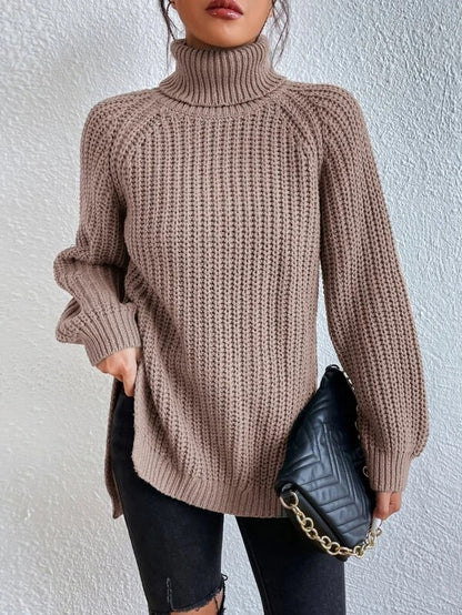 Women's Turtle Neck Ribbed Knit Sweater | Casual Long Sleeve Side Split Tunic Gown