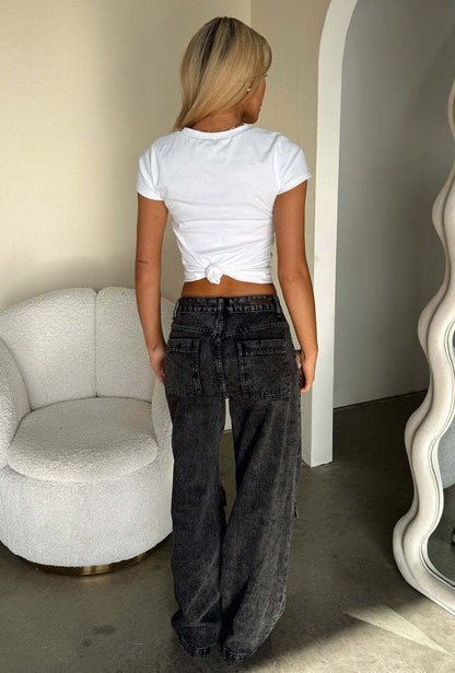 Women's Washed Denim Wide-Leg Pocket Jeans