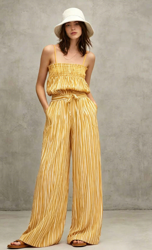 Chic Vertical Stripe Co-ord Set for Women - Smocked Camisole and Breezy Trousers