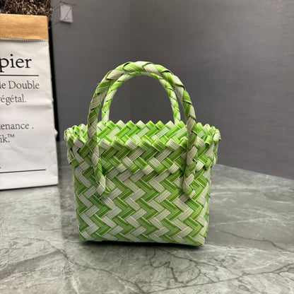 Bohemian Handwoven Upcycled Plastic Tote Bag - Retro Vibrant Striped Beach Basket & Gift Hamper Purse