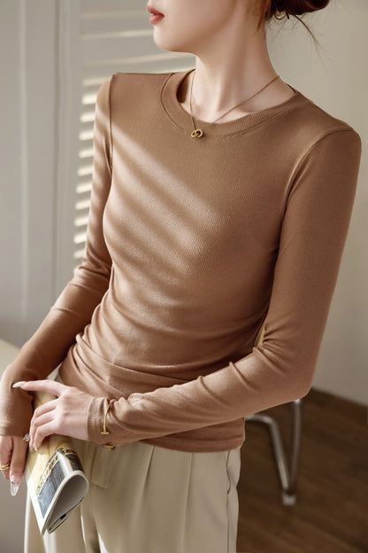 Premium High-Stretch Ribbed Crewneck Top - Slim Fit Classic Long Sleeve T-Shirt Layering Base Layer