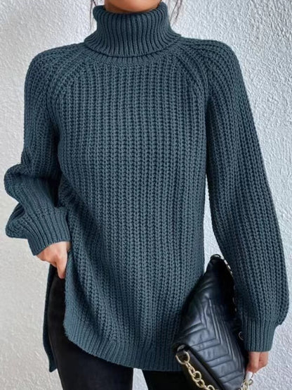 Women's Turtle Neck Ribbed Knit Sweater | Casual Long Sleeve Side Split Tunic Gown