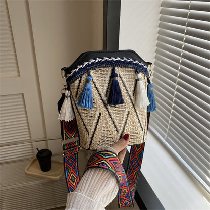 Bohemian Straw Bucket Crossbody Bag - Vintage Tribal Woven Beach Purse with Tassels & Wide Strap
