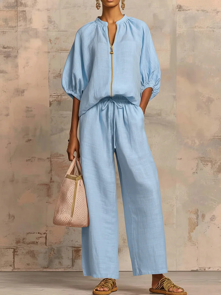 Ensemble de salon chic deux pièces - Blouse à demi-zip et manches bouffantes & Pantalon large taille haute pour femme, survêtement décontracté élégant