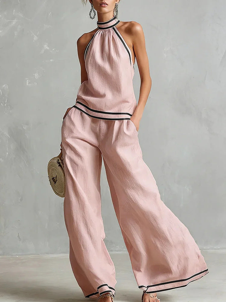 Elegant Minimalist Trimmed White Cotton Linen Halter Neck Top And Wide-leg Pants Set