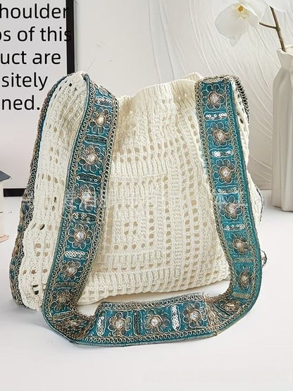 Bohemian Granny Square Crochet Tote Bag - Handmade Floral Knit Beach Shoulder Purse for Women