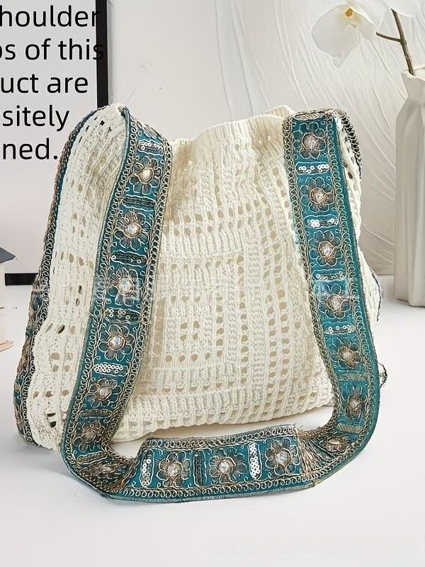 Bohemian Granny Square Crochet Tote Bag - Handmade Floral Knit Beach Shoulder Purse for Women