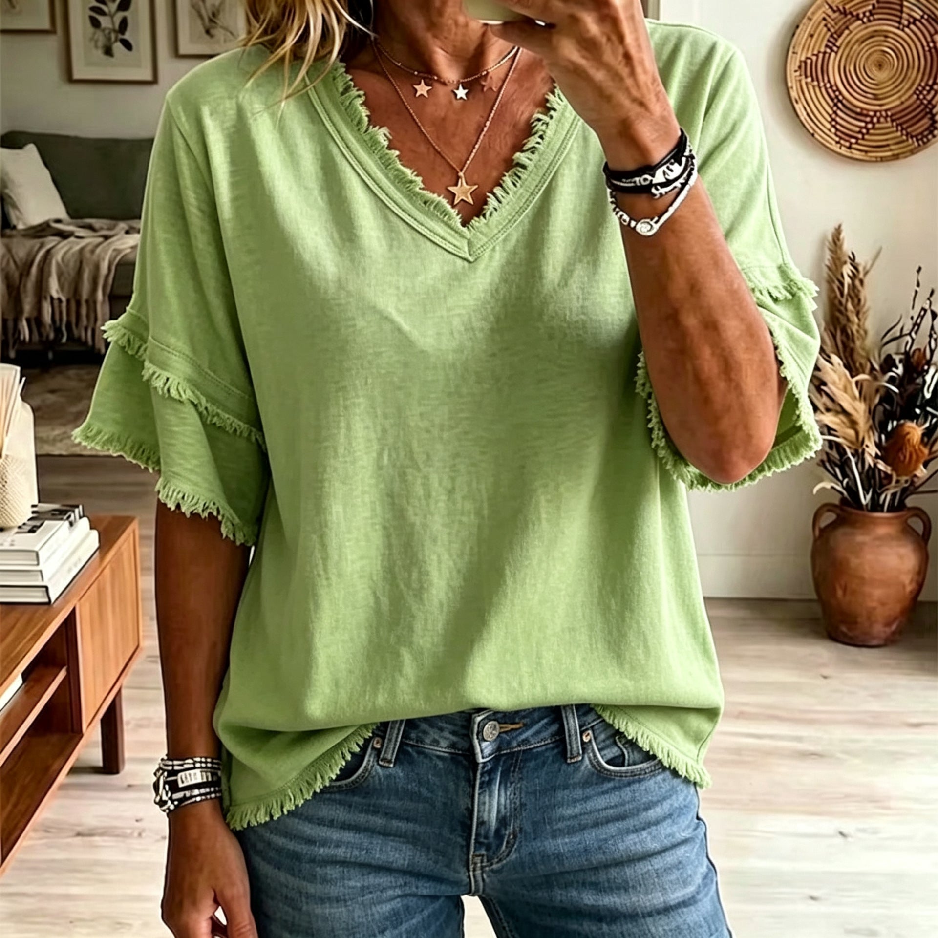 Casual Short-sleeve Raw-hem Linen-blend Top