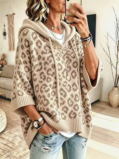 Knit Leopard-Print Hooded Drawstring Pullover Relaxed-Fit Sweater