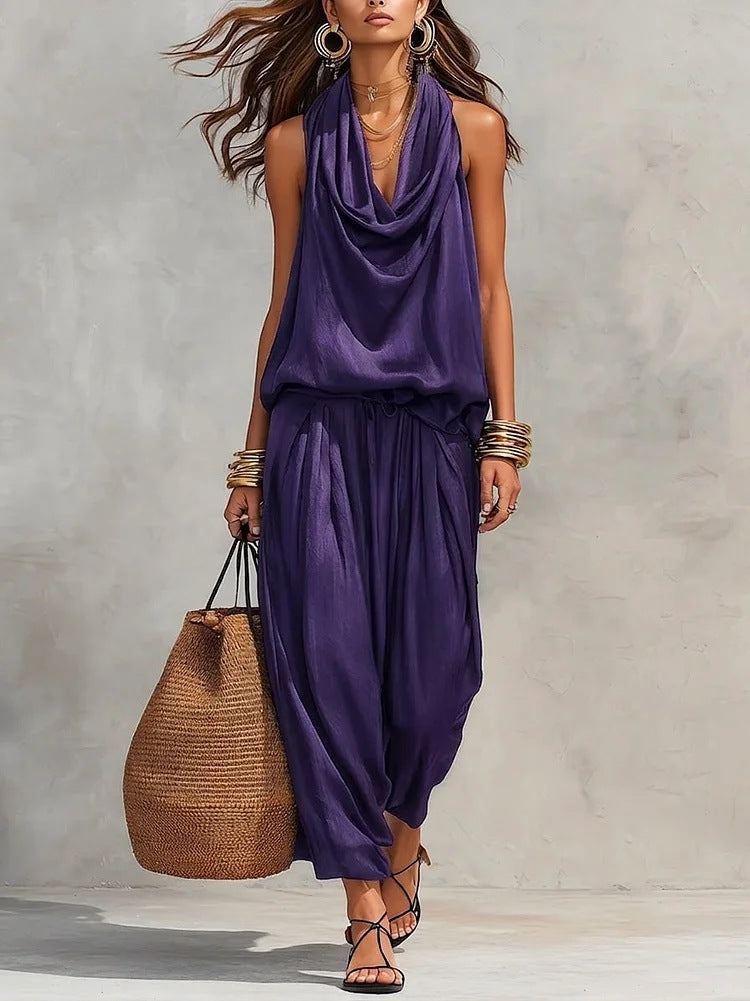 Women's Pleated Neck Two Piece Set, Sleeveless Top and Relaxed Pants Outfit