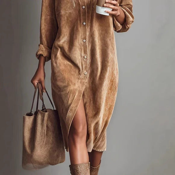 Vintage Corduroy Dress | Elegant Turn-Down Collar Midi Dress with Pockets