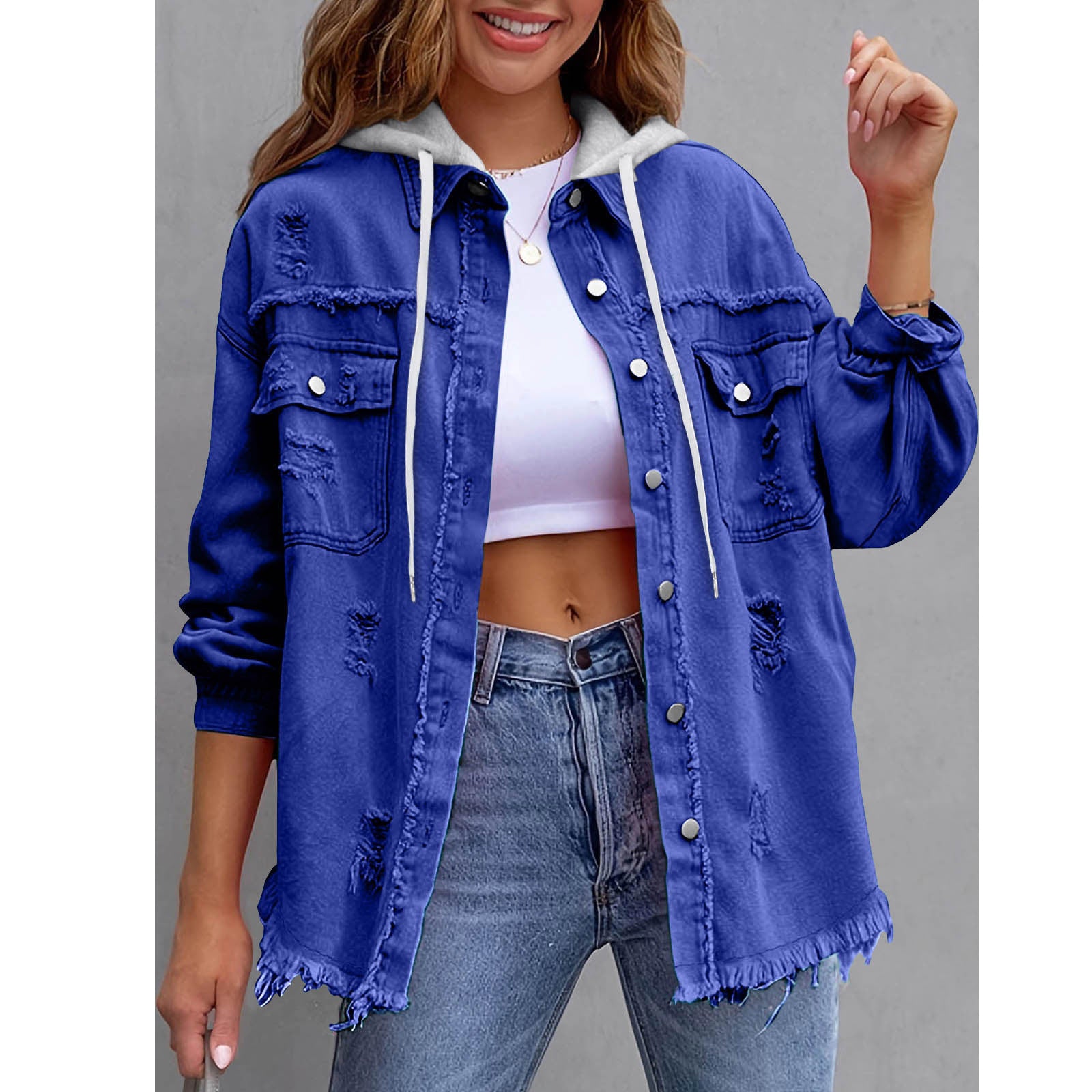 Women's Hooded Distressed Denim Jacket | Casual Long Sleeve Washed Jean Shacket Top