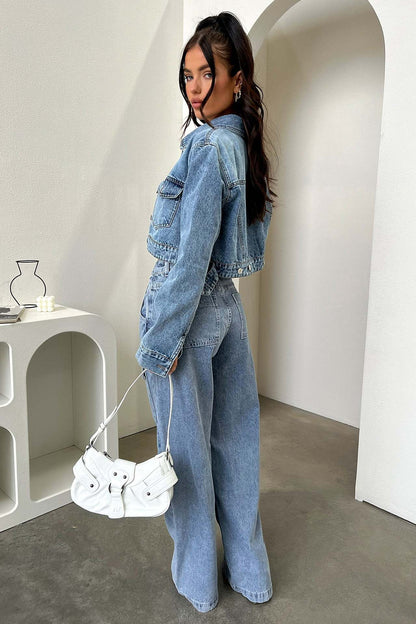 Women's Washed Denim Wide-Leg Pocket Jeans