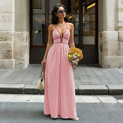 Beach Vacation Dress Color block Striped Print Cut Out Maxi Dress