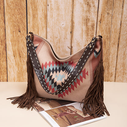 Vintage Southwestern Aztec Woven Shoulder Bag - Handmade Tribal Large Capacity Boho Tote with Leather Fringe