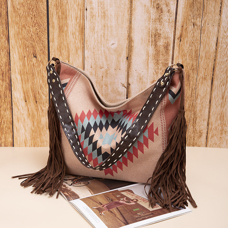 Vintage Southwestern Aztec Woven Shoulder Bag - Handmade Tribal Large Capacity Boho Tote with Leather Fringe
