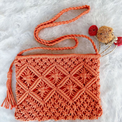 Bohemian Macrame Woven Crossbody Bag - Handmade Cotton Rope Envelope Clutch & Beach Purse with Tassel