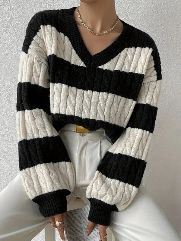 Women's Striped Cable Knit V-Neck Sweater | Casual Loose Fit Color Block Pullover Top