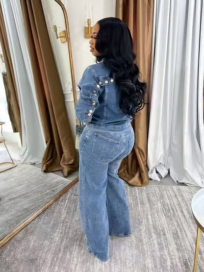 Women's Denim Button-Front Washed Two-Piece Set