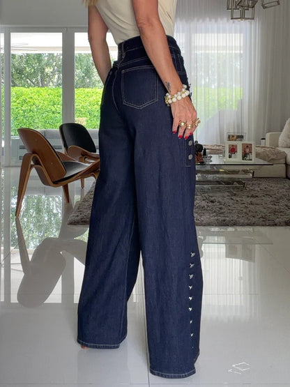 Denim Relaxed-Fit Washed High-Waist Wide-Leg Straight-Leg Pants