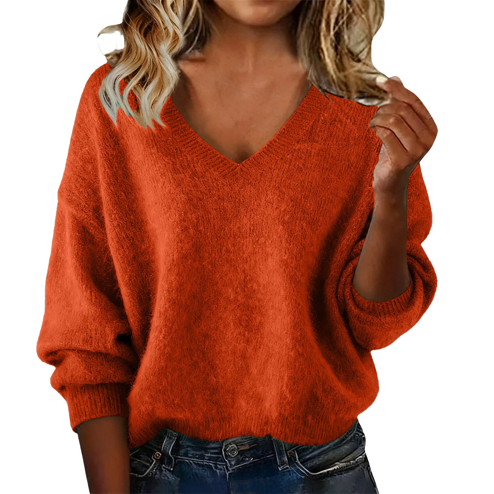 Women's V Solid Color Long Sleeve Knit Patchwork Relaxed-Fit Sweater