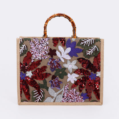 Luxury Bamboo Handle Sequin Floral Tote Bag - Large Capacity Straw & Jute Embroidered Travel Handbag