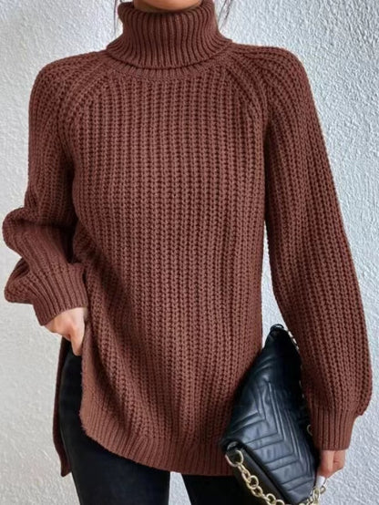 Women's Turtle Neck Ribbed Knit Sweater | Casual Long Sleeve Side Split Tunic Gown