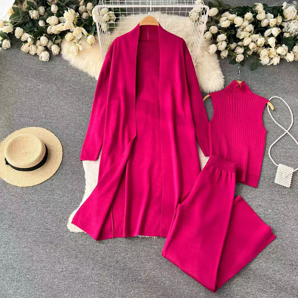 Mercerized Cotton Knit 3-Piece Set | Sleeveless Mock Neck Sweater Open Front Cardigan & Wide Leg Pants Suit