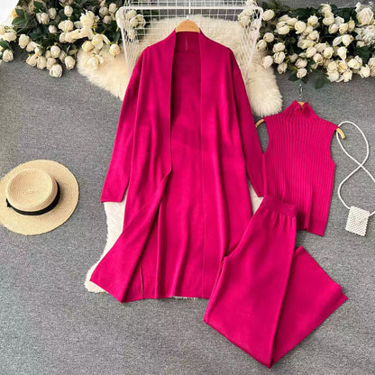 Mercerized Cotton Knit 3-Piece Set | Sleeveless Mock Neck Sweater Open Front Cardigan & Wide Leg Pants Suit