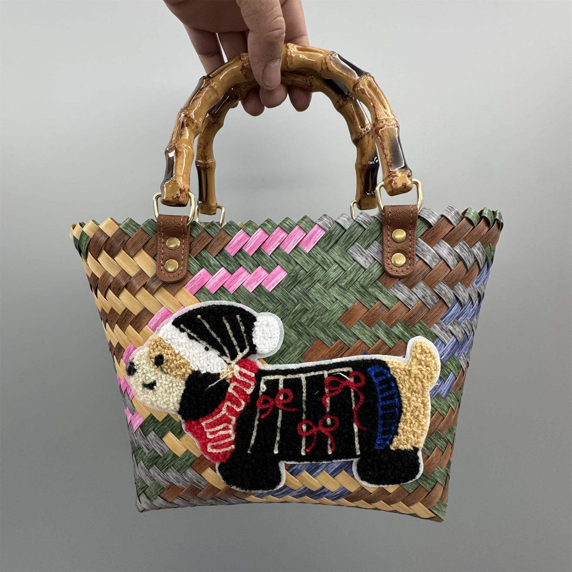 Luxury Bamboo Handle Dachshund Woven Tote Bag - Colorful Striped Polyester Straw Beach Travel Handbag