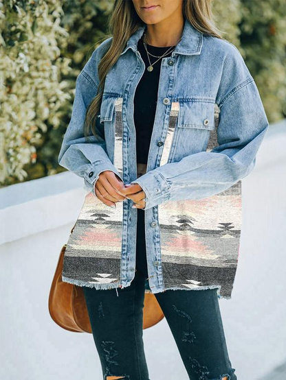 Women's Long Sleeve Open Front Blazer Cardigan Solid Color Casual Denim Raw-Hem Mid-Length Jacket