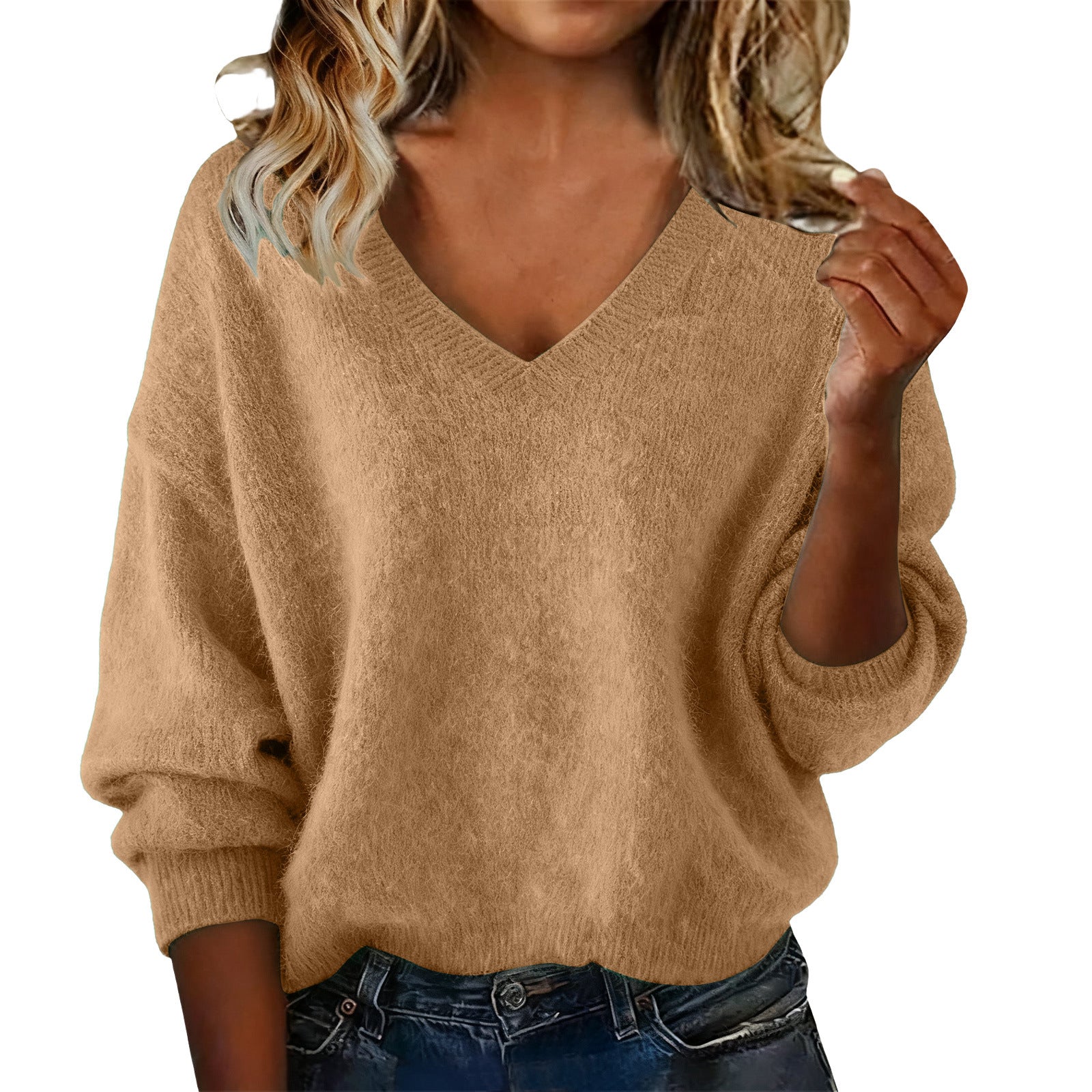Women's V Solid Color Long Sleeve Knit Patchwork Relaxed-Fit Sweater