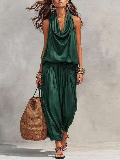 Women's Pleated Neck Two Piece Set, Sleeveless Top and Relaxed Pants Outfit