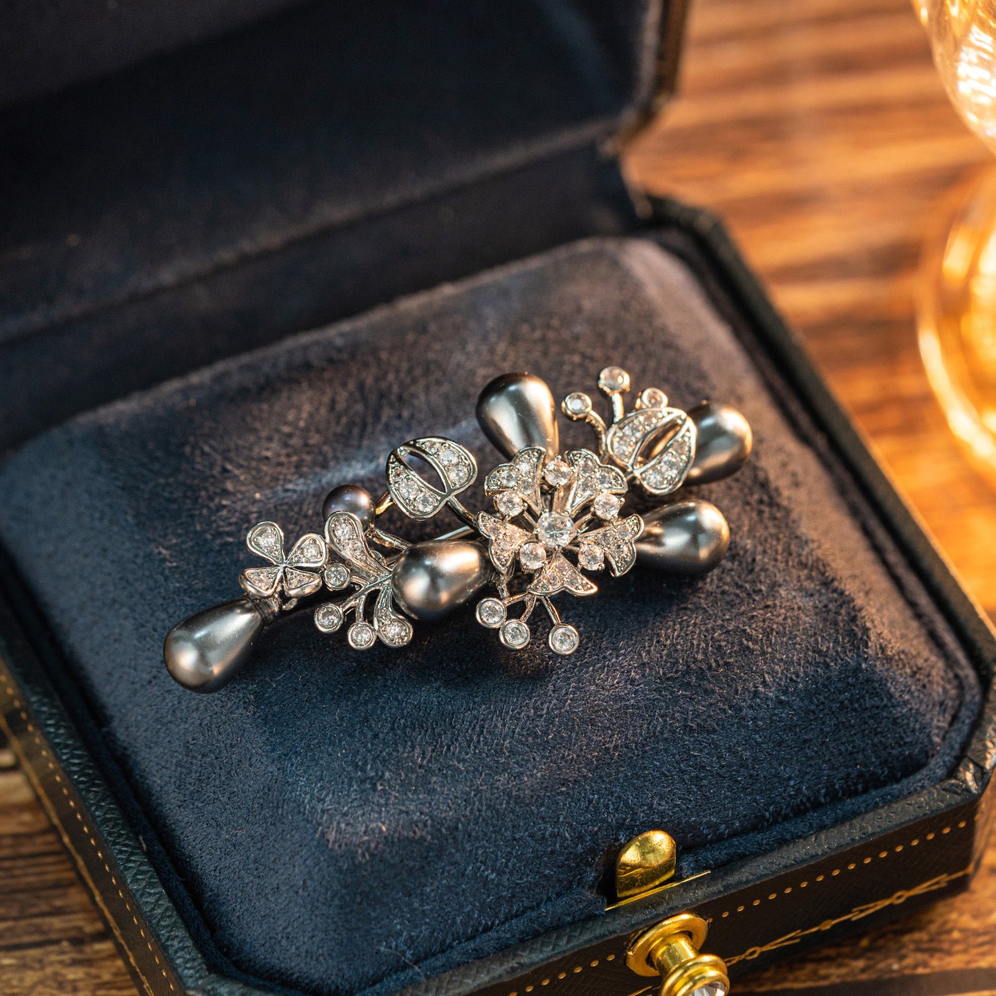 Vintage Lucky Clover Brooch, Natural Black Pearl Wedding Brooch