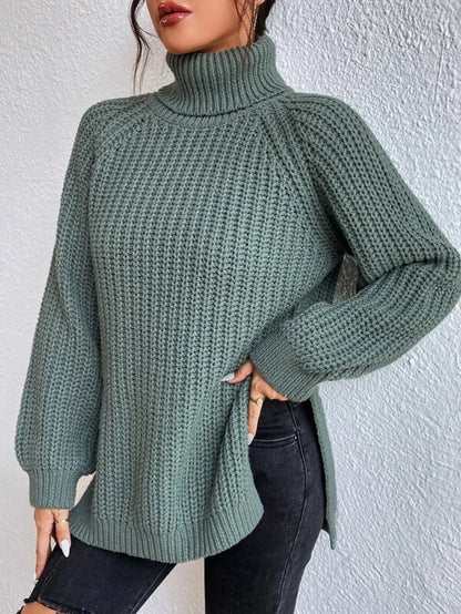 Women's Turtle Neck Ribbed Knit Sweater | Casual Long Sleeve Side Split Tunic Gown