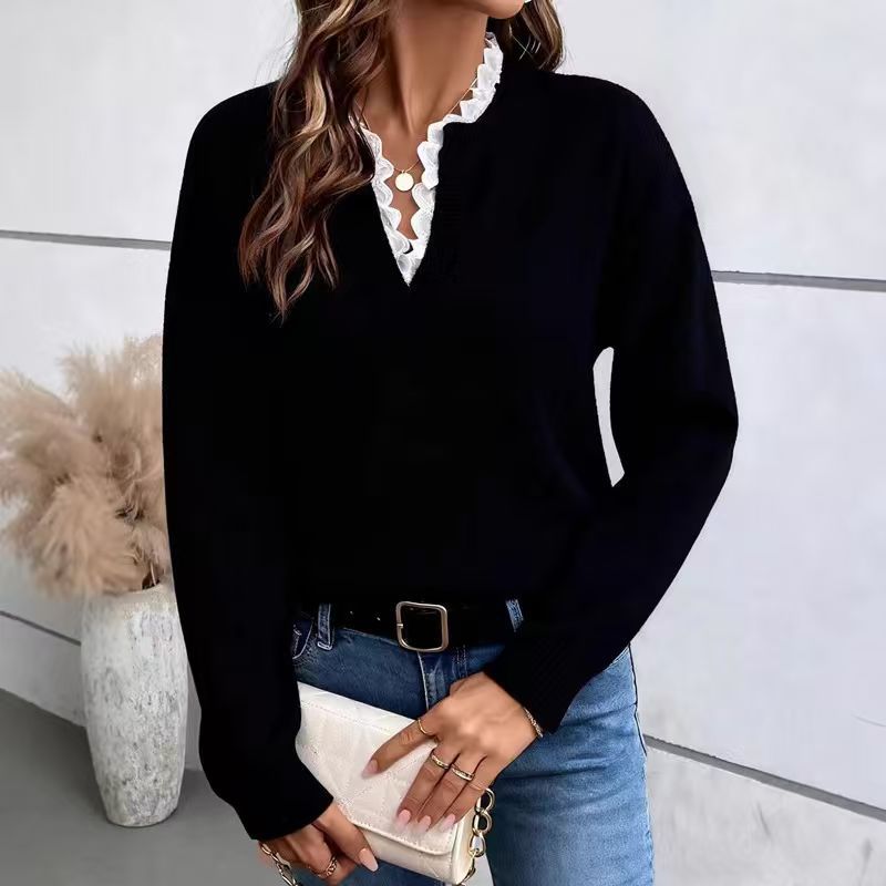 Chic Faux Two-Piece Knit Sweater - Elegant Lace Trim V-Neck Long Sleeve Pullover
