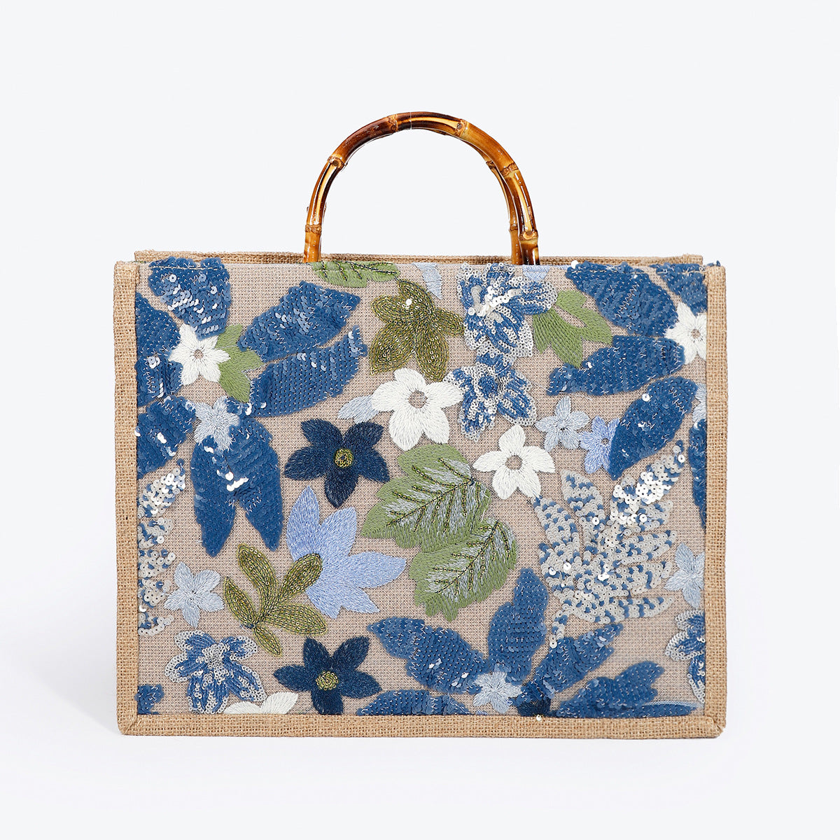 Luxury Bamboo Handle Sequin Floral Tote Bag - Large Capacity Straw & Jute Embroidered Travel Handbag