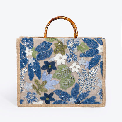 Luxury Bamboo Handle Sequin Floral Tote Bag - Large Capacity Straw & Jute Embroidered Travel Handbag
