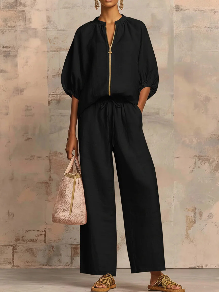 Ensemble de salon chic deux pièces - Blouse à demi-zip et manches bouffantes & Pantalon large taille haute pour femme, survêtement décontracté élégant