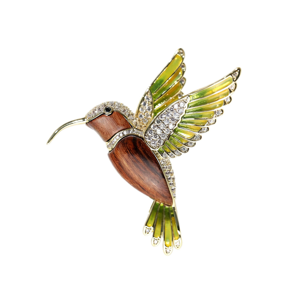 Vintage design enamel-painted natural wood hummingbird brooch pendant