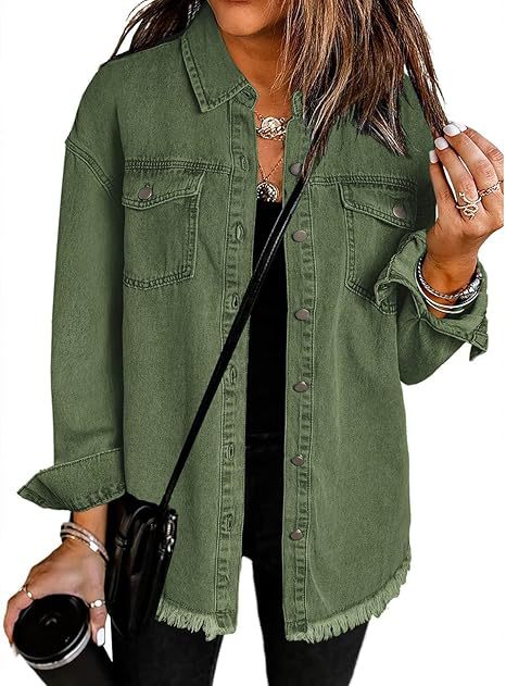 Women's Loose Casual Denim Shirt Jacket with Frayed Hem | Retro Washed Button Up Cotton Jean jacket
