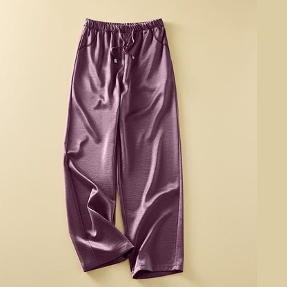 Luxury Silk-Satin Wide-Leg Pants - High-Waisted Loose Summer Lounge Trousers with Drawstring